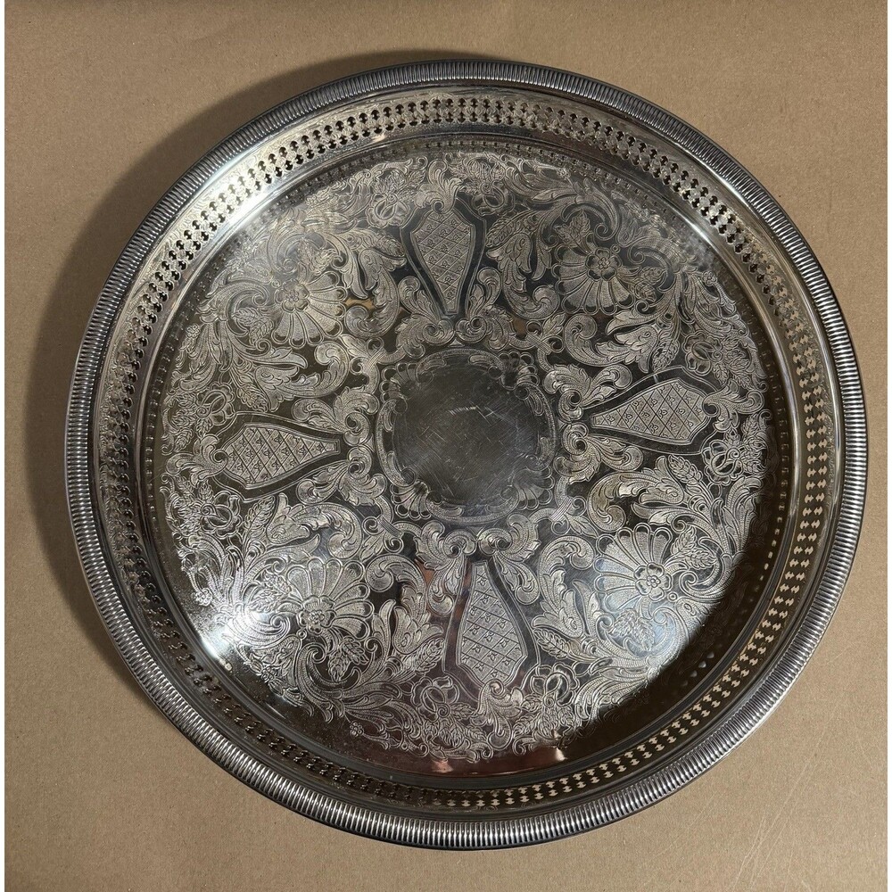 Gorham Newport Silverplated Round Gallery Tray Embossed Floral 15”